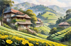 Terraced Tea Plantations with Quaint Cottages in the Distance Landscape Print