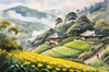 Terraced Tea Plantations with Quaint Cottages in the Distance Landscape Print