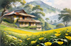 Terraced Tea Plantations with Quaint Cottages in the Distance Landscape Print