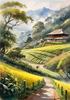 Terraced Tea Plantations with Quaint Cottages in the Distance Landscape Print