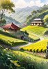 Terraced Tea Plantations with Quaint Cottages in the Distance Landscape Print