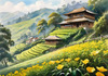 Terraced Tea Plantations with Quaint Cottages in the Distance Landscape Print