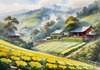 Terraced Tea Plantations with Quaint Cottages in the Distance Landscape Print