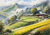 Terraced Tea Plantations with Quaint Cottages in the Distance Landscape Print