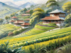 Terraced Tea Plantations with Quaint Cottages in the Distance Landscape Print