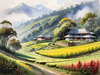 Terraced Tea Plantations with Quaint Cottages in the Distance Landscape Print