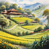 Terraced Tea Plantations with Quaint Cottages in the Distance Landscape Print