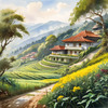 Terraced Tea Plantations with Quaint Cottages in the Distance Landscape Print