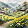 Terraced Tea Plantations with Quaint Cottages in the Distance Landscape Print