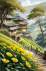 Terraced Tea Plantations with Quaint Cottages in the Distance Landscape Print