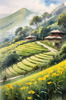 Terraced Tea Plantations with Quaint Cottages in the Distance Landscape Print