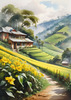 Terraced Tea Plantations with Quaint Cottages in the Distance Landscape Print