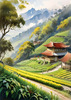 Terraced Tea Plantations with Quaint Cottages in the Distance Landscape Print