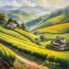 Terraced Tea Plantations with Quaint Cottages in the Distance Landscape Print