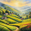 Terraced Tea Plantations with Quaint Cottages in the Distance Landscape Print