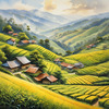 Terraced Tea Plantations with Quaint Cottages in the Distance Landscape Print