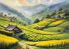 Terraced Tea Plantations with Quaint Cottages in the Distance Landscape Print