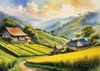Terraced Tea Plantations with Quaint Cottages in the Distance Landscape Print
