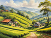 Terraced Tea Plantations with Quaint Cottages in the Distance Landscape Print