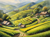 Terraced Tea Plantations with Quaint Cottages in the Distance Landscape Print