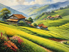 Terraced Tea Plantations with Quaint Cottages in the Distance Landscape Print