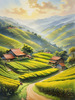Terraced Tea Plantations with Quaint Cottages in the Distance Landscape Print