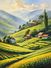 Terraced Tea Plantations with Quaint Cottages in the Distance Landscape Print