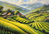 Terraced Tea Plantations with Quaint Cottages in the Distance Landscape Print