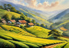 Terraced Tea Plantations with Quaint Cottages in the Distance Landscape Print