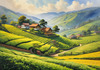 Terraced Tea Plantations with Quaint Cottages in the Distance Landscape Print