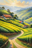 Terraced Tea Plantations with Quaint Cottages in the Distance Landscape Print