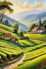 Terraced Tea Plantations with Quaint Cottages in the Distance Landscape Print