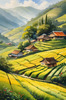 Terraced Tea Plantations with Quaint Cottages in the Distance Landscape Print