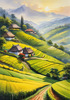 Terraced Tea Plantations with Quaint Cottages in the Distance Landscape Print