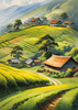 Terraced Tea Plantations with Quaint Cottages in the Distance Landscape Print