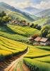 Terraced Tea Plantations with Quaint Cottages in the Distance Landscape Print