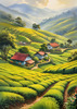 Terraced Tea Plantations with Quaint Cottages in the Distance Landscape Print