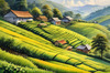 Terraced Tea Plantations with Quaint Cottages in the Distance Landscape Print