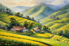 Terraced Tea Plantations with Quaint Cottages in the Distance Landscape Print
