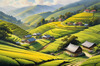 Terraced Tea Plantations with Quaint Cottages in the Distance Landscape Print