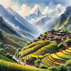 Ancient Villages Amid Terraced Fields Against Towering Himalayan Peaks