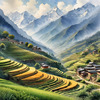 Ancient Villages Amid Terraced Fields Against Towering Himalayan Peaks