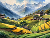 Ancient Villages Amid Terraced Fields Against Towering Himalayan Peaks
