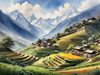 Ancient Villages Amid Terraced Fields Against Towering Himalayan Peaks