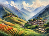 Ancient Villages Amid Terraced Fields Against Towering Himalayan Peaks