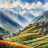 Ancient Villages Amid Terraced Fields Against Towering Himalayan Peaks