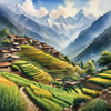 Ancient Villages Amid Terraced Fields Against Towering Himalayan Peaks