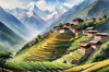 Ancient Villages Amid Terraced Fields Against Towering Himalayan Peaks