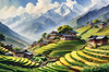 Ancient Villages Amid Terraced Fields Against Towering Himalayan Peaks