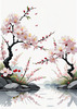 Abstract Tranquil Cherry Blossoms Falling on Pond Art Print